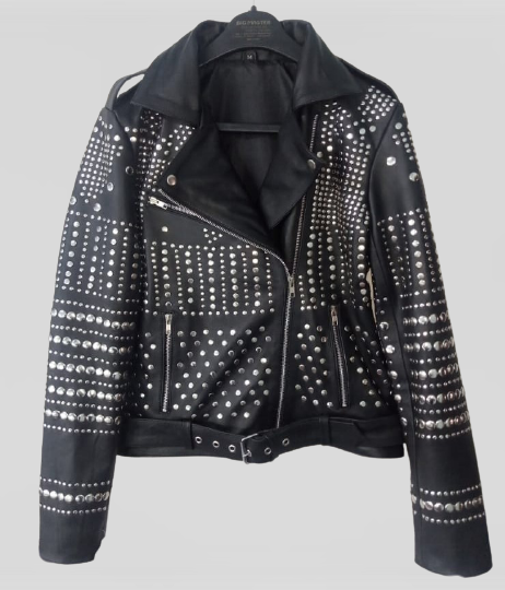 Women's Handmade Stylish Black Leather Jacket with Silver Studs - Image 4