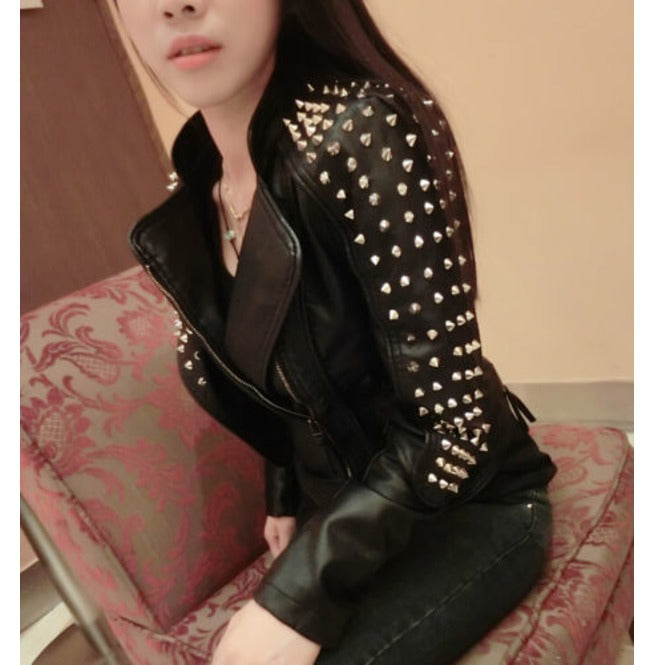 Women's Short Studded Leather Jacket in Punk Style