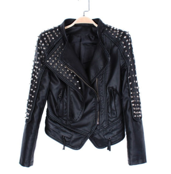 Women's Short Studded Leather Jacket in Punk Style - Image 4