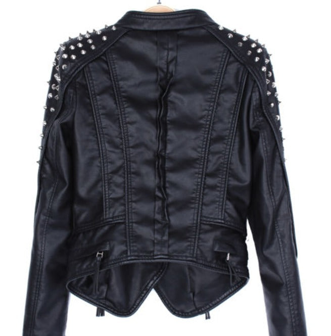 Women's Short Studded Leather Jacket in Punk Style - Image 2
