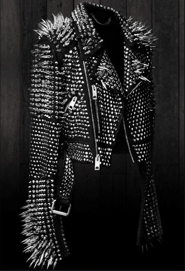 Women's Punk Spiked Studded Black Leather Jacket