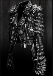 Women's Punk Spiked Studded Black Leather Jacket - Image 2