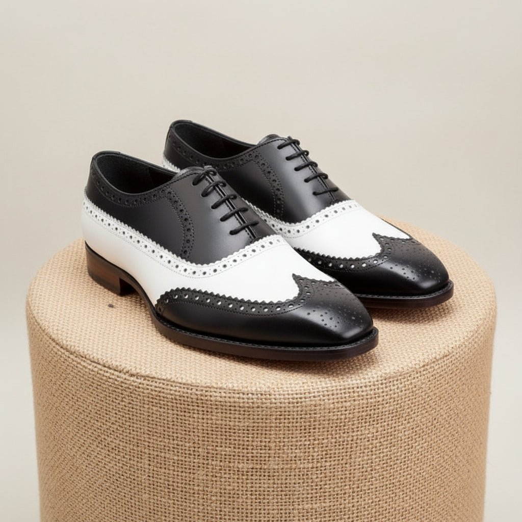 Black and White Leather Brogue Dress Shoes - pedestal-view