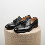 Black Leather Penny Loafers with Tassels - pedestal-view