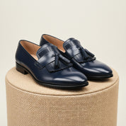 Blue Leather Moccasin Loafers with Fringes - pedestal-view