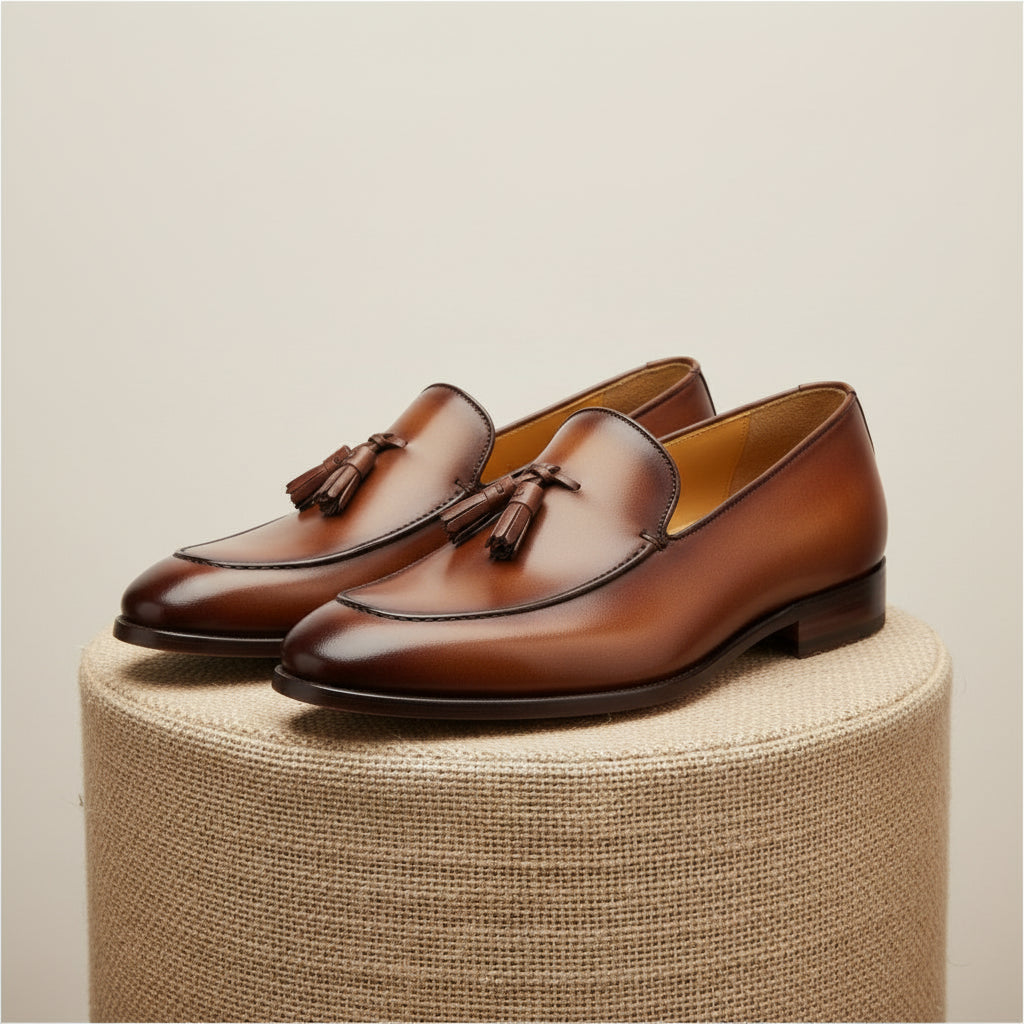 Brown Leather Tassel Moccasins Formal Dress Shoes - pedestal-view