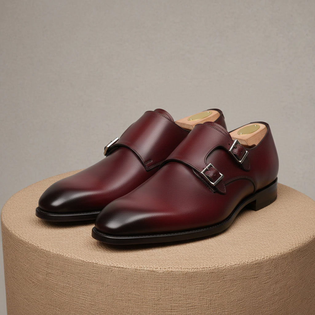 Burgundy Monk Leather Shoes - pedestal-view