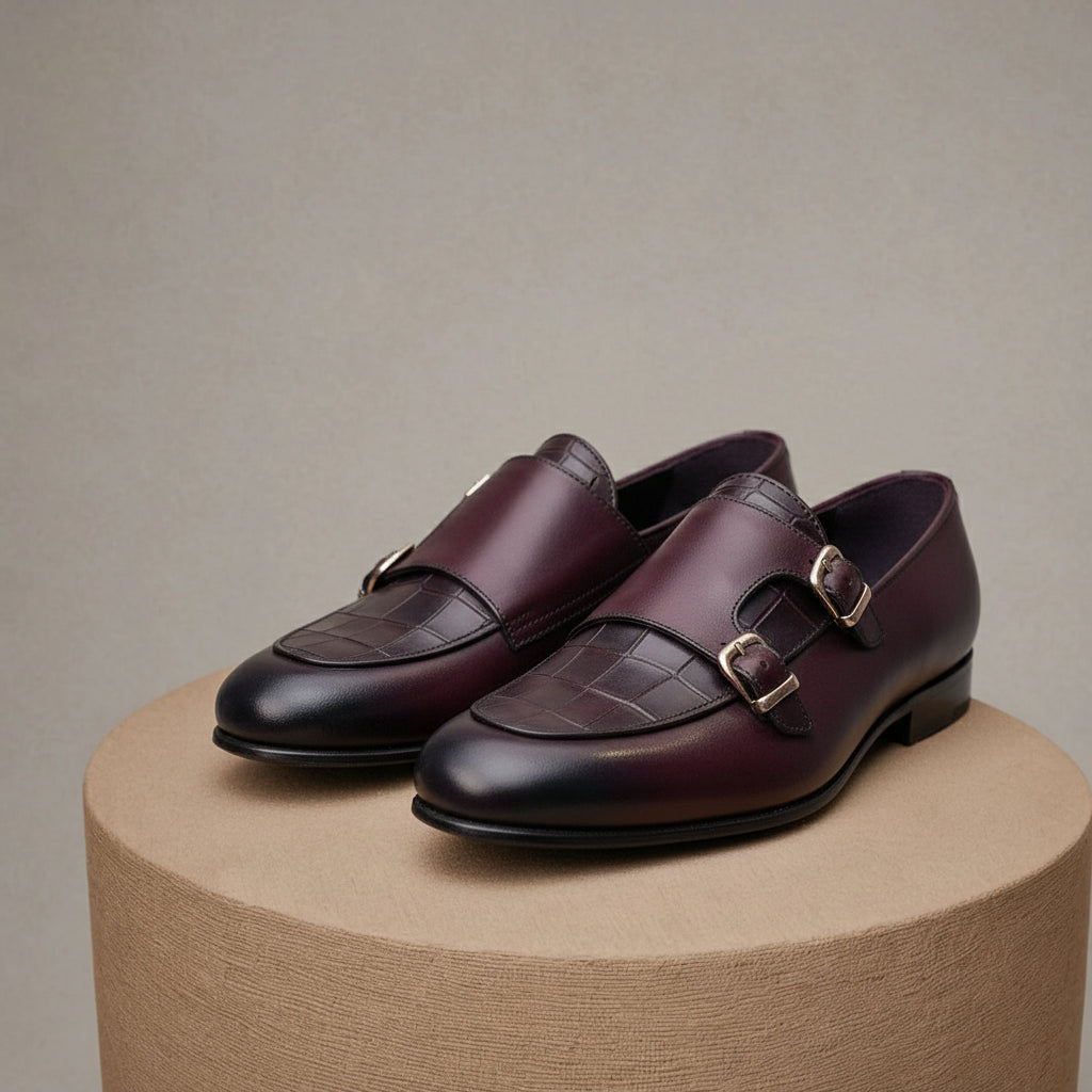 Double Monk Leather Dress Shoes, Penny Loafer Style - pedestal-view