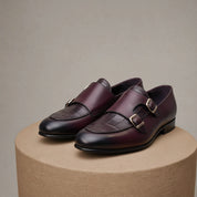 Double Monk Leather Dress Shoes, Penny Loafer Style - pedestal-view