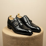 Men's Black Crocodile Leather Double Monk Dress Shoes - pedestal-view