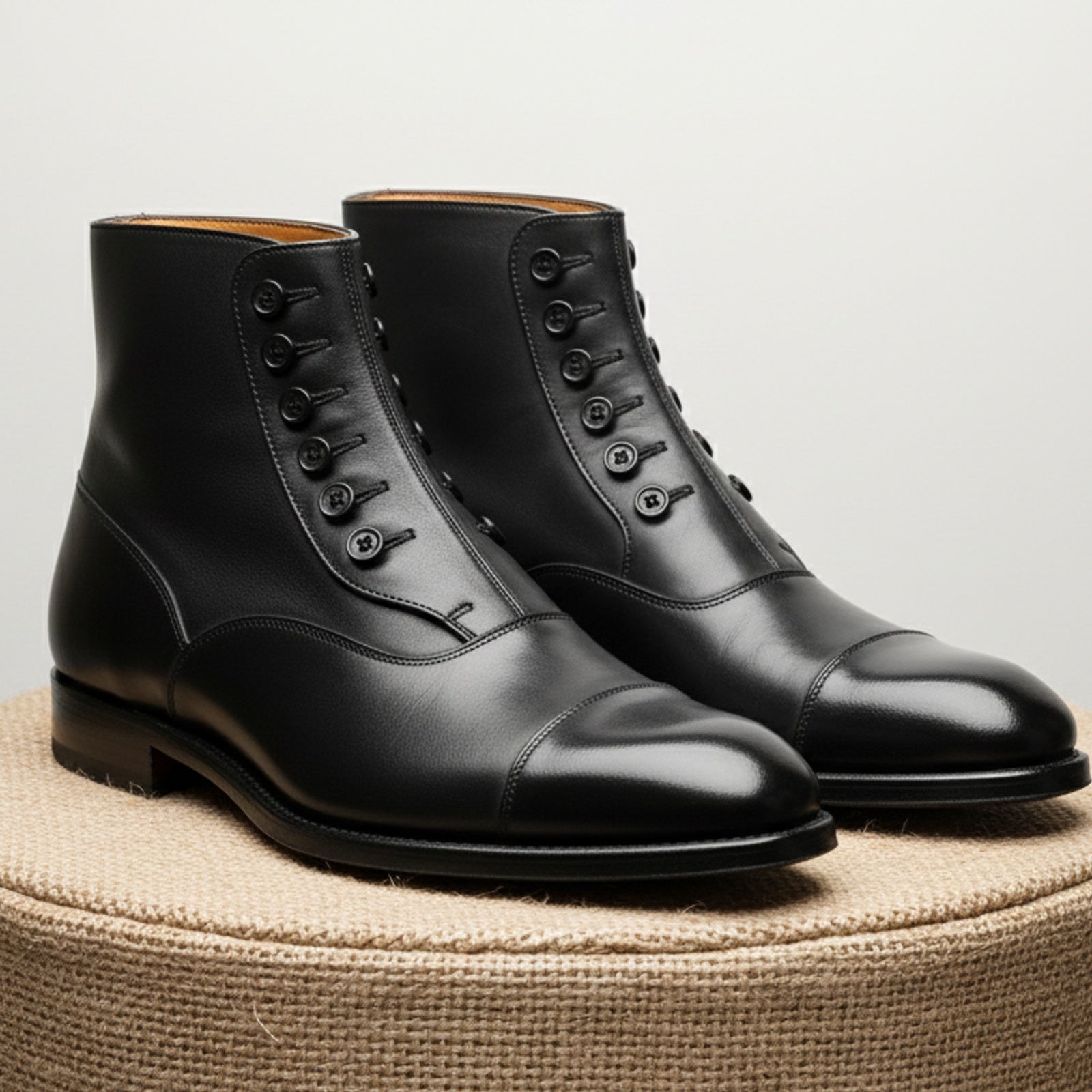 Men's Black Leather Button Boots - Ankle Design - pedestal-view