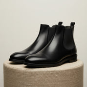 Men's Black Leather Chelsea Boots - pedestal-view