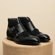 Men's Black Leather Monk Strap Chukka Boots - pedestal-view