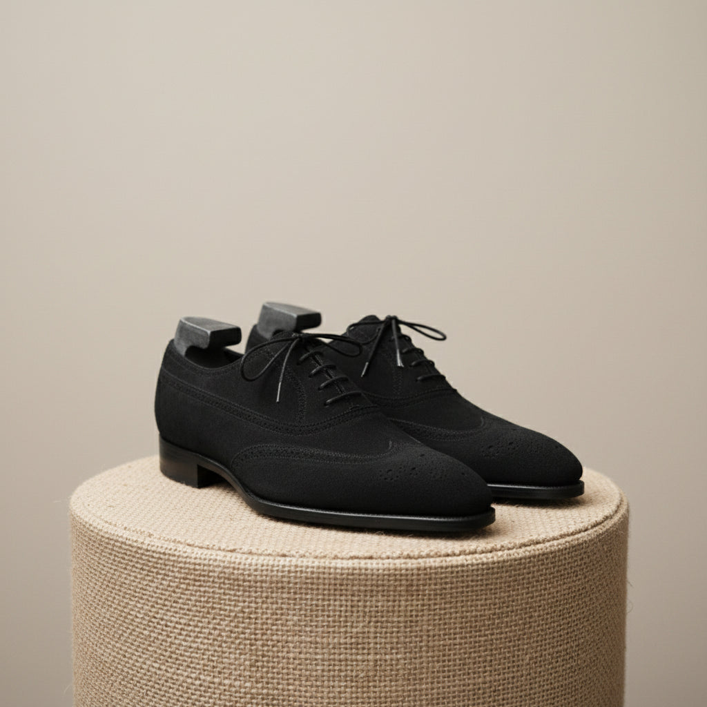Men's Black Suede Wingtip Dress Shoes - pedestal-view