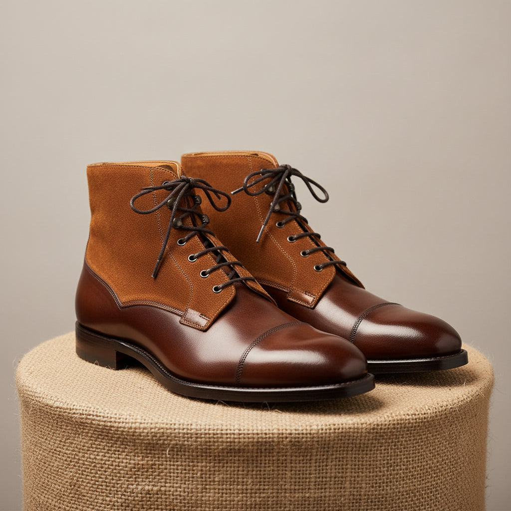 Lace-up Ankle Boots | Brown Leather & Tan Suede - pedestal-view