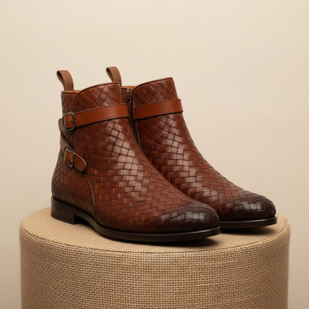 Brown Leather Ankle Boots with Chitai Mat Pattern - pedestal-view