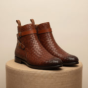 Brown Leather Ankle Boots with Chitai Mat Pattern - pedestal-view