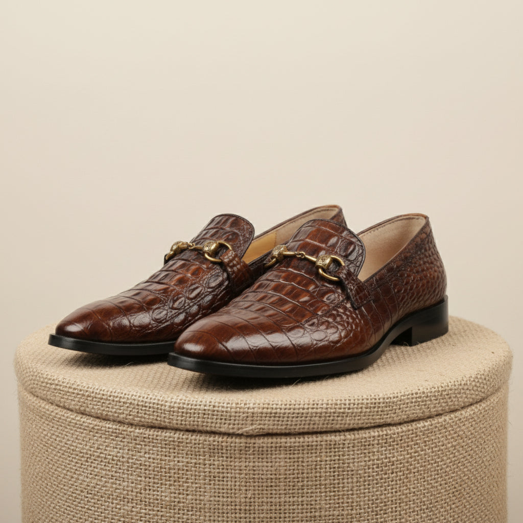Brown Alligator Texture Moccasin Leather Shoes - pedestal-view