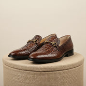 Brown Alligator Texture Moccasin Leather Shoes - pedestal-view