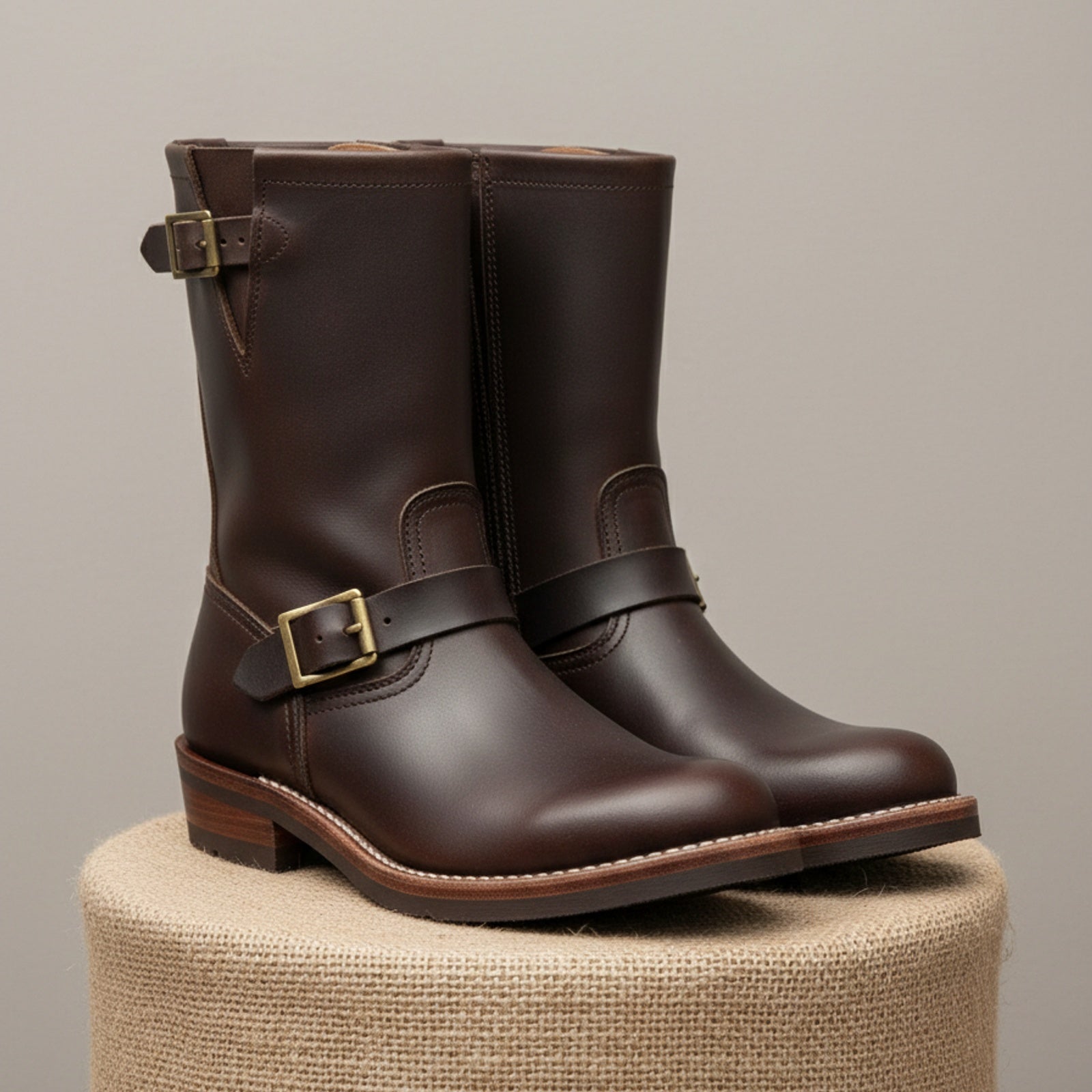 Men's Maroon Leather Work Boots - pedestal-view