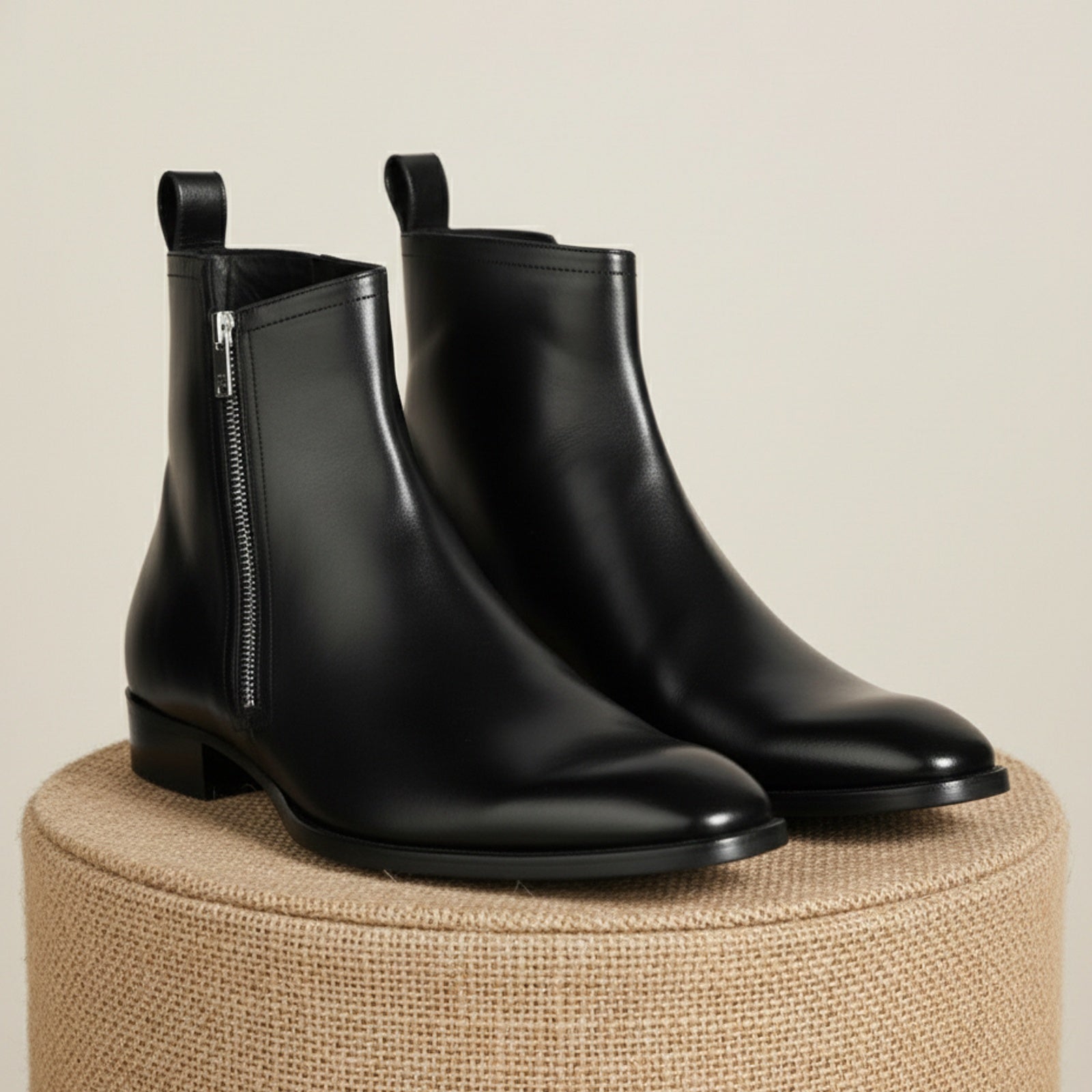 Men's Black Leather Chelsea Boots with Side Zipper - pedestal-view