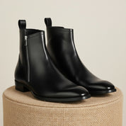Men's Black Leather Chelsea Boots with Side Zipper - pedestal-view