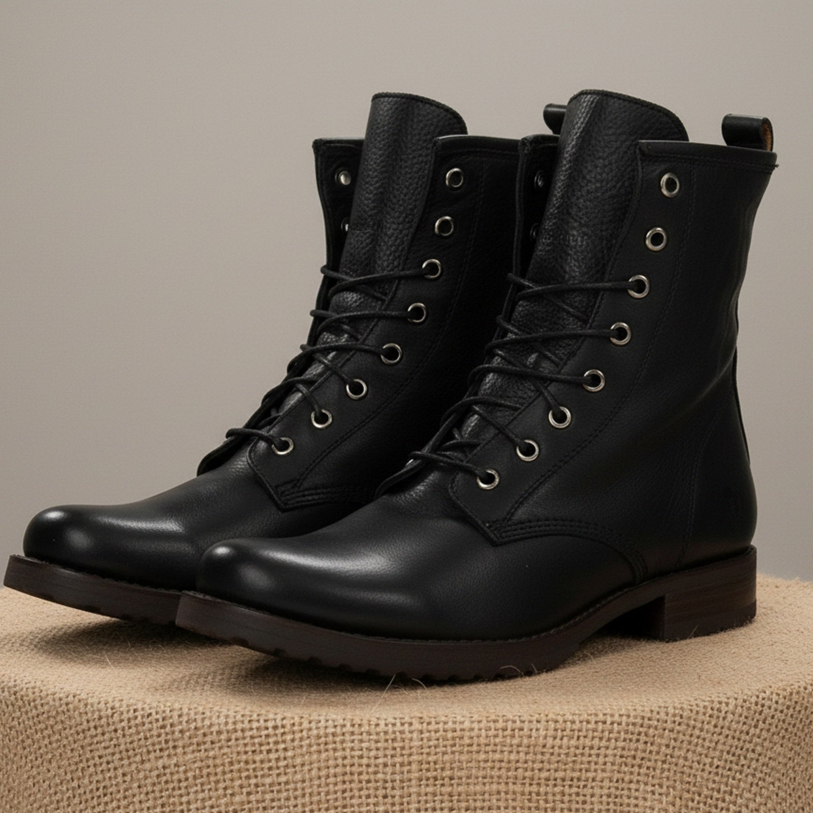Men's Handmade Black Leather Combat Boots with Lace-Up Design - pedestal-view