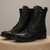 Men's Handmade Black Leather Combat Boots with Lace-Up Design - pedestal-view