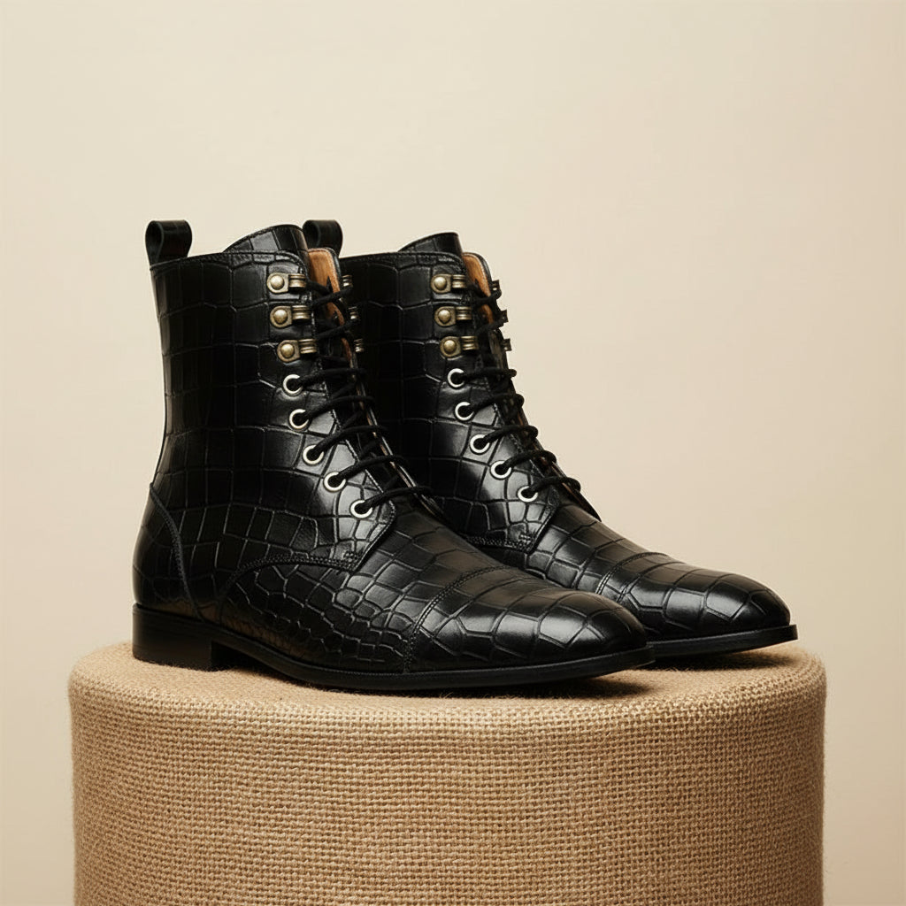 Men's Black Crocodile Leather Lace-Up Boots - pedestal-view