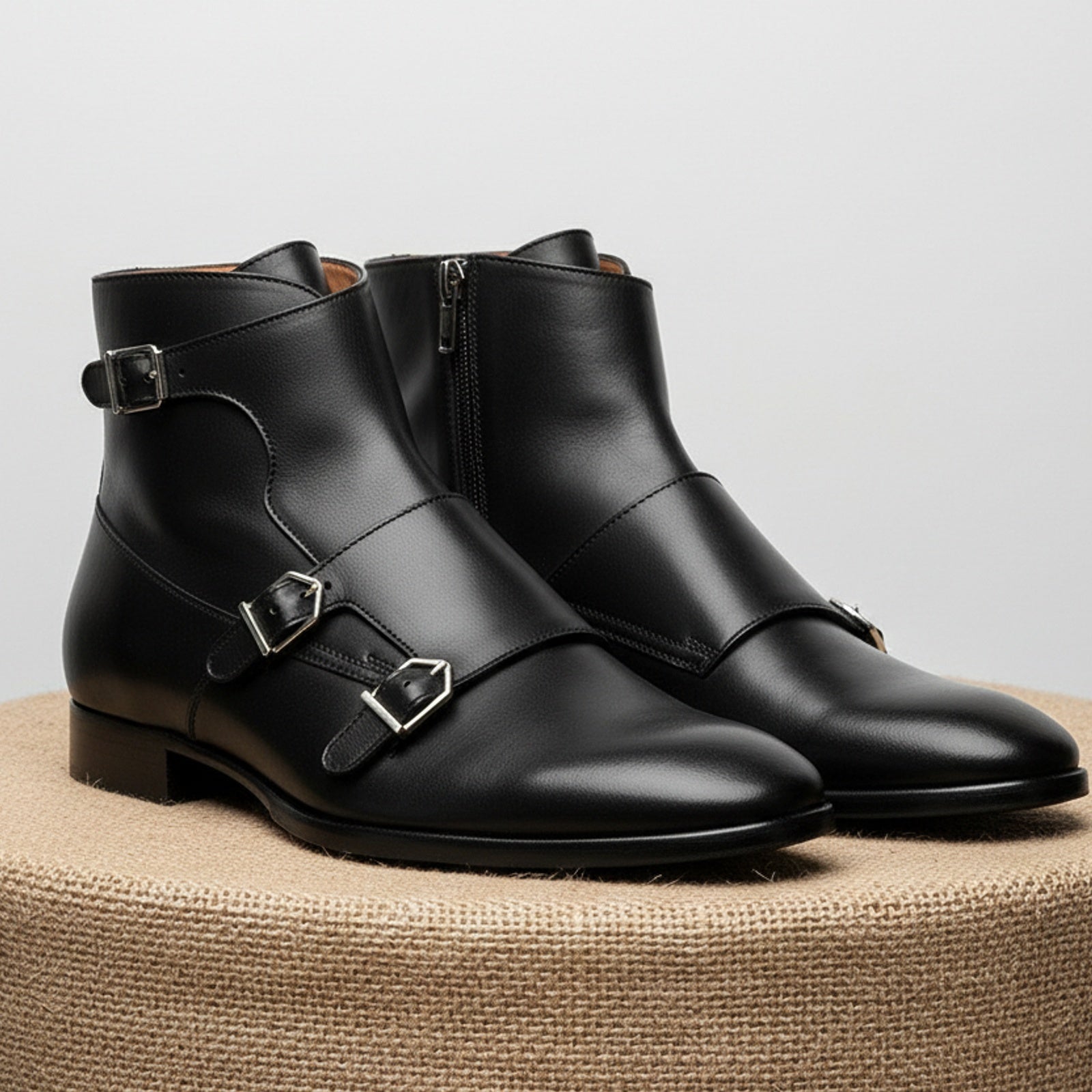 Men's Handmade Black Leather Double Monk Ankle Boots with Side Zipper - pedestal-view