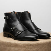 Men's Handmade Black Leather Double Monk Ankle Boots with Side Zipper - pedestal-view
