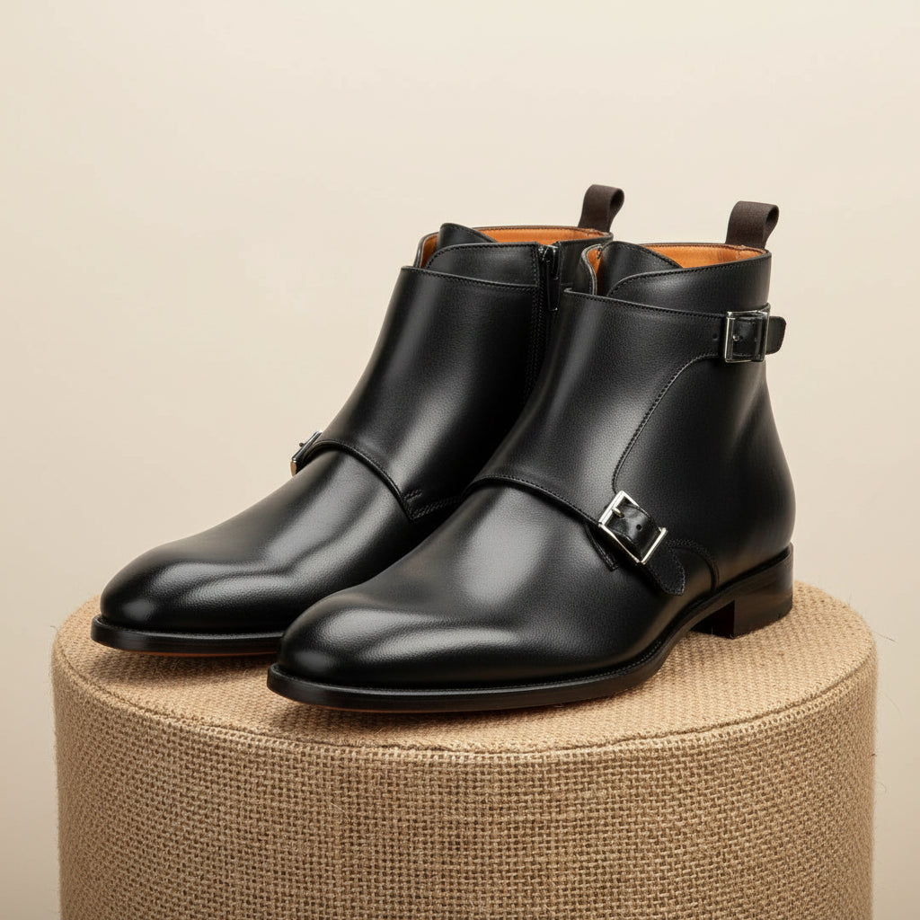 Men's Handmade Black Leather Double Monk Boots with Artisan Features - pedestal-view