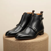 Men's Handmade Black Leather Double Monk Boots with Artisan Features - pedestal-view