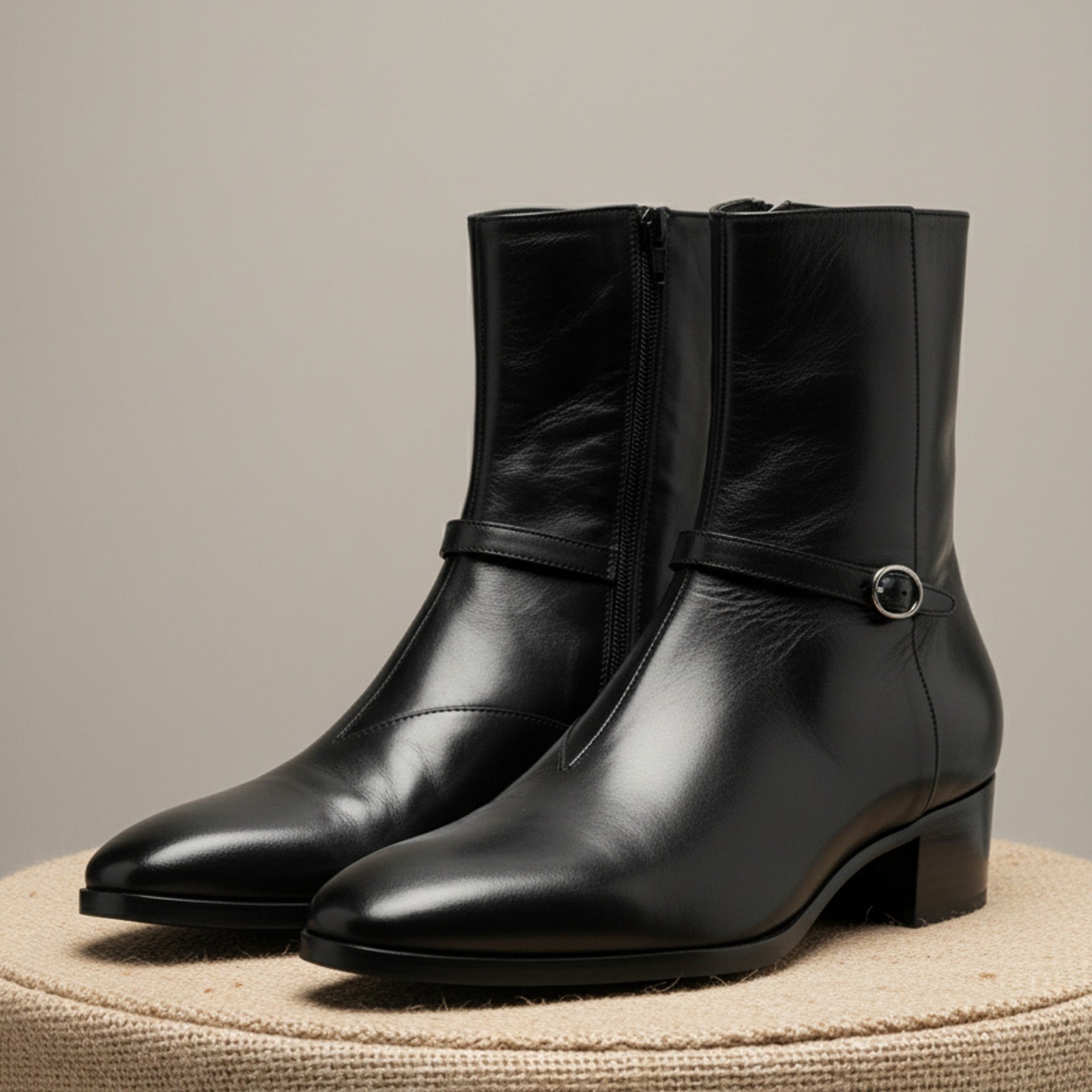Men's Black Leather High-Heel Zipper Boots - pedestal-view
