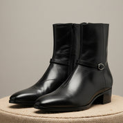 Men's Black Leather High-Heel Zipper Boots - pedestal-view