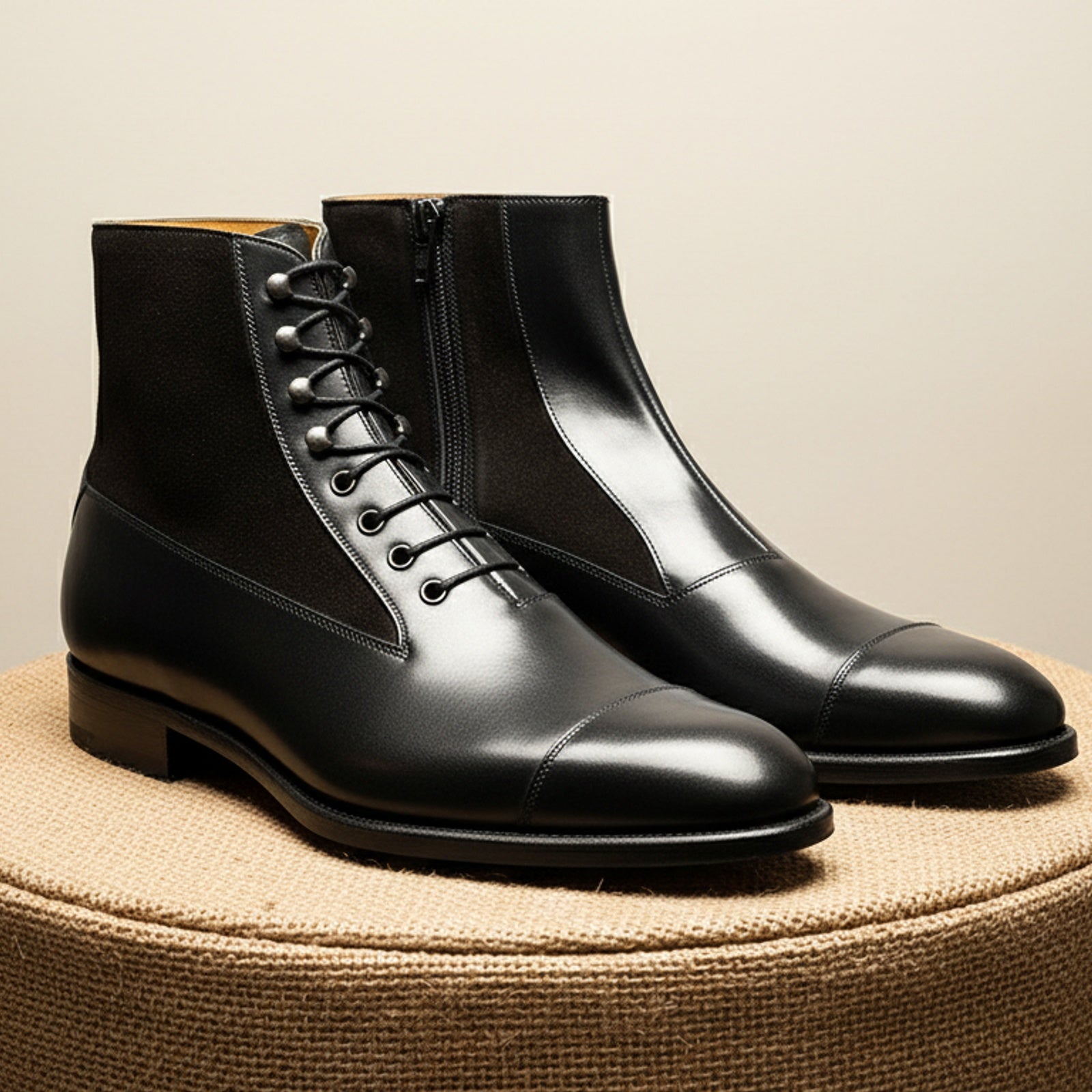 Men's Black Leather Ankle Boots with Cap Toe - pedestal-view