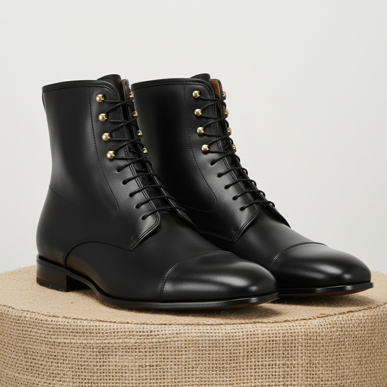 Men's Handmade Black Leather Ankle Boots with Premium Craftsmanship - pedestal-view