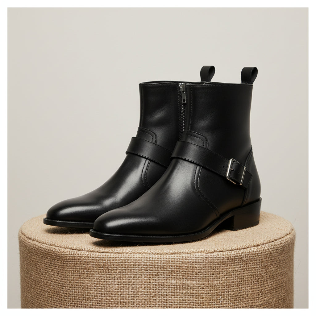 Men's Handmade Black Leather Boots with Side Zipper & Monk Strap - pedestal-view