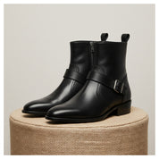 Men's Handmade Black Leather Boots with Side Zipper & Monk Strap - pedestal-view