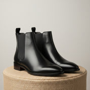 Men's Black Leather Pointed Toe Chelsea Boots - pedestal-view