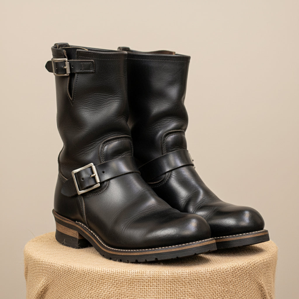 Men's Black Leather Work Boots - pedestal-view
