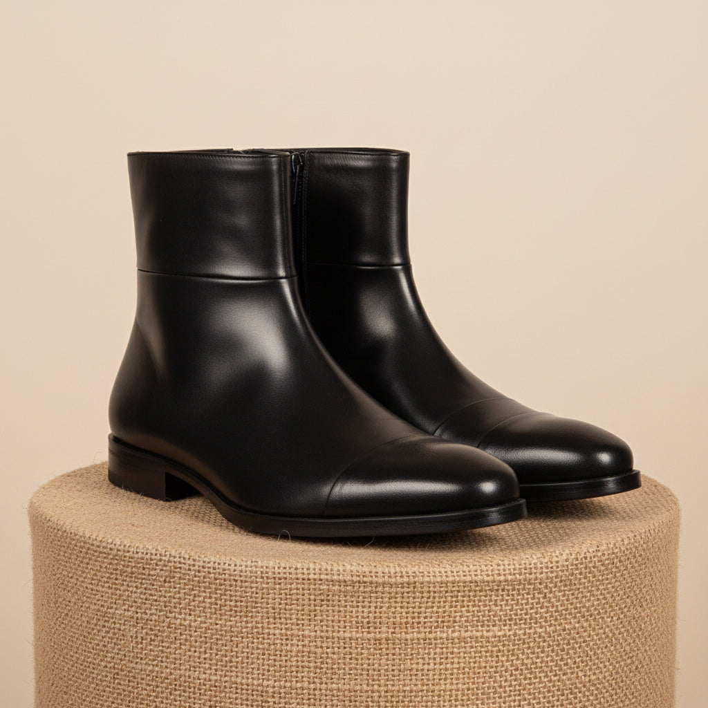 Men's Handmade Black Leather Side Zipper Boots with Ankle Design - pedestal-view
