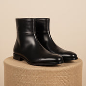 Men's Handmade Black Leather Side Zipper Boots with Ankle Design - pedestal-view