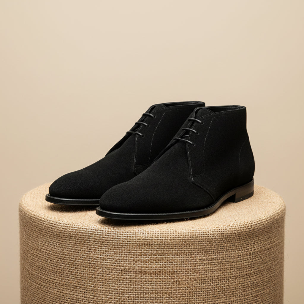 Men's Handmade Black Suede Chukka Boots with Luxurious Craftsmanship - pedestal-view