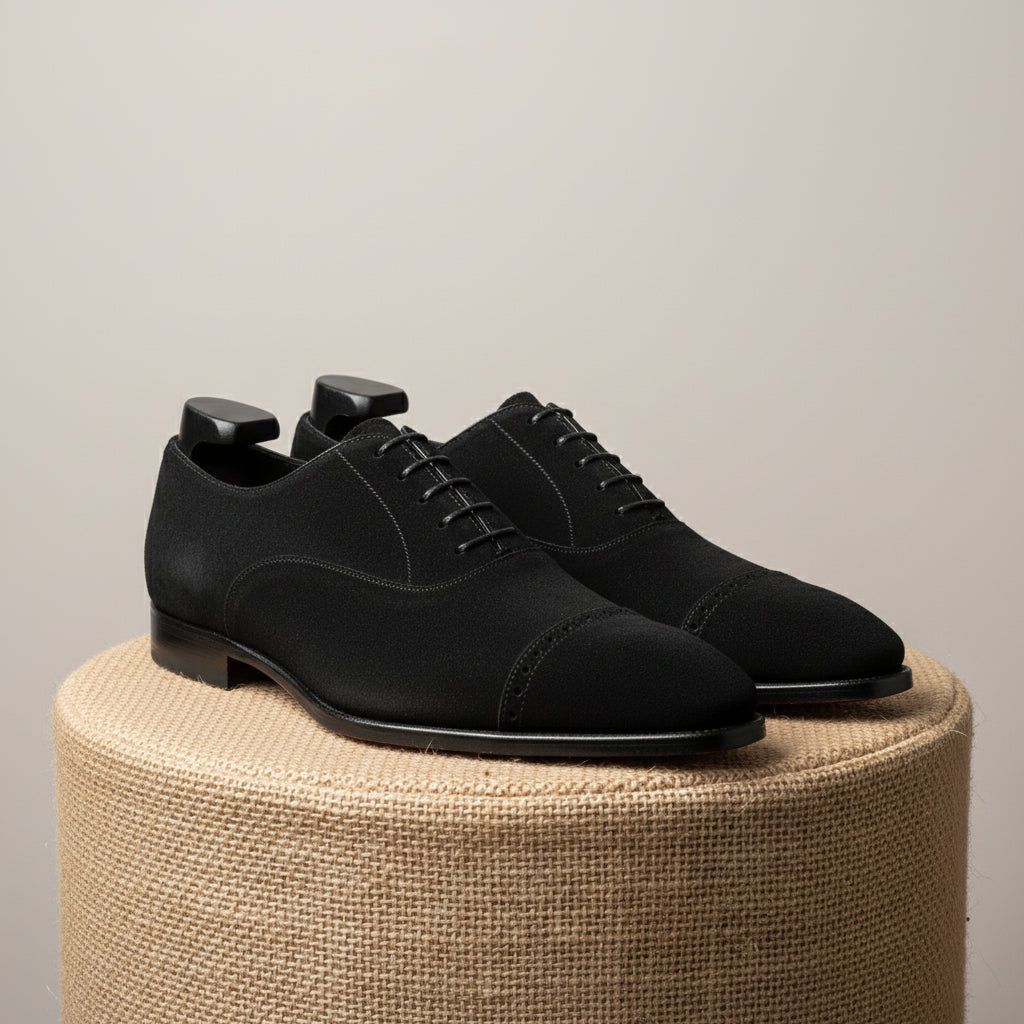 Men's Black Suede Oxford Dress Shoes - pedestal-view