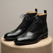 Men's Black Leather Wingtip Brogue Boots - pedestal-view