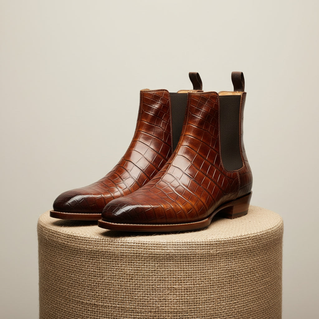Men's Brown Chelsea Boots in Calf Leather with Crocodile Pattern - pedestal-view