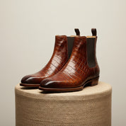 Men's Brown Chelsea Boots in Calf Leather with Crocodile Pattern - pedestal-view
