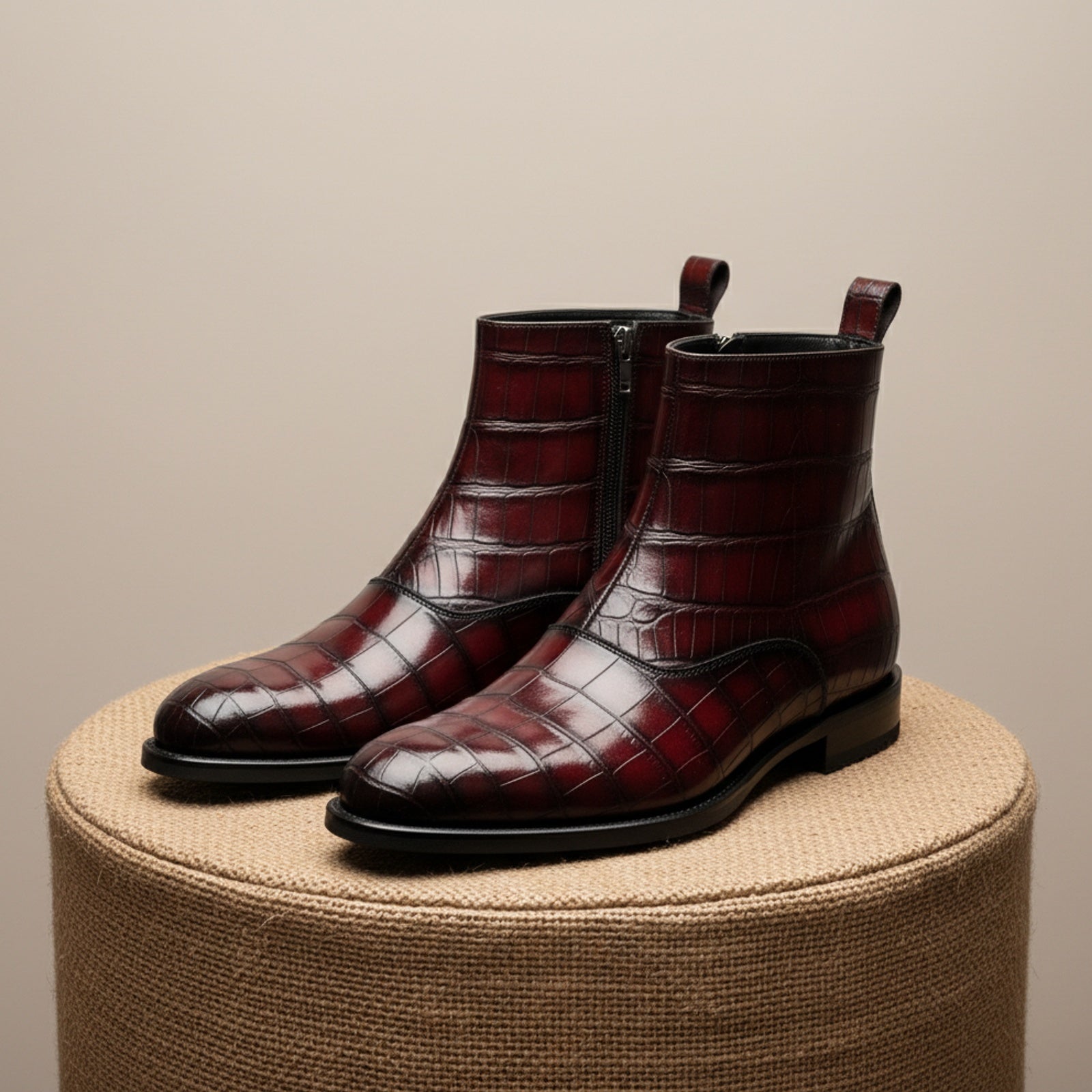 Men's Burgundy Crocodile Leather Zipper Boots - pedestal-view