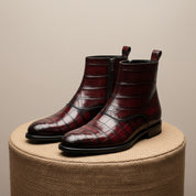 Men's Burgundy Crocodile Leather Zipper Boots - pedestal-view